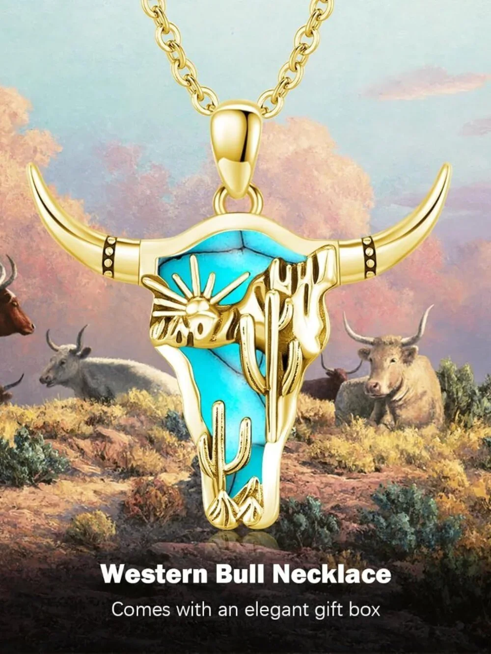 Women's Gold A Sterling Turquoise Pendant Highland Cow Skull Western Necklace